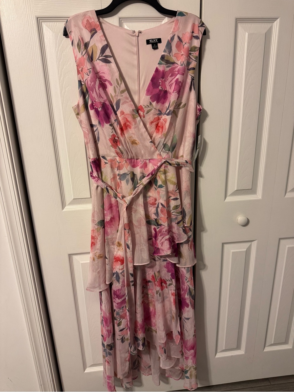 SLNY Pink Floral High-Low Wrap Dress